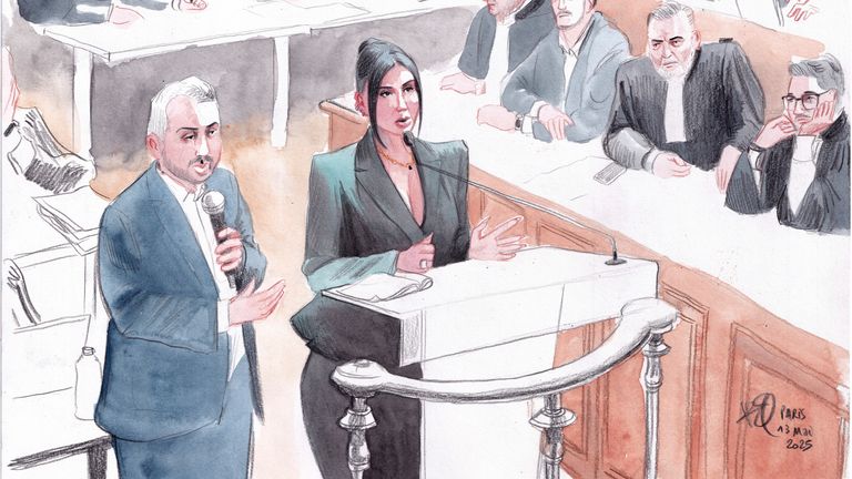 An artist's sketch of Kim Kardashian giving evidence in a Paris court. Pic: AP