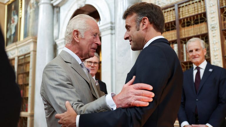 King Charles meets with President of France Emmanuel Macron during the European Political Community meeting at Blenheim Palace.  Pic Reuters
