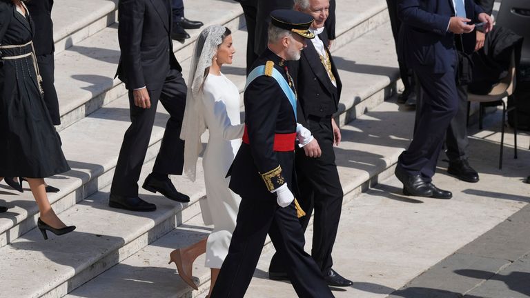 Spain's King Felipe VI and Queen Letizia arrive for the ceremony. Pic: AP