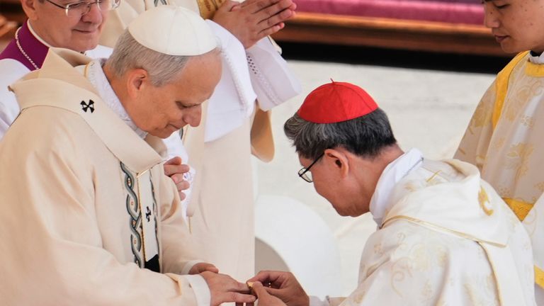 Cardinal Luis Antonio Tagle places the fisherman's ring on the Pope's finger. Pic: AP