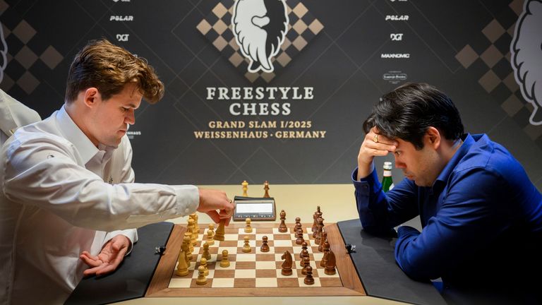 07 February 2025, Schleswig-Holstein, Wangels: Magnus Carlsen (l-r), world number one in the World Chess Federation rankings, and Hikaru Nakamura, world number three in the World Chess Federation rankings, sit opposite each other at a chessboard during the Freestyle Chess Grand Slam at the Weissenhaus Private Nature Luxury Resort in Wangels. Photo by: Gregor Fischer/picture-alliance/dpa/AP Images