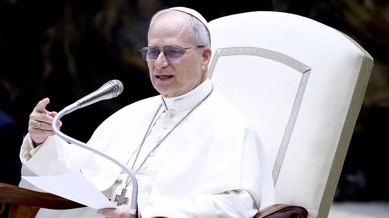Pope Leo XIV holds an audience with representatives of the media.  Pic: Reuters