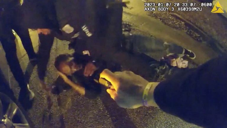 Tyre Nichols, a 29-year-old Black man who was pulled over while driving and died three days later, is beaten and pointed at with a spray can by Memphis Police Department officers on January 7, 2023, in this screen grab from a video released by Memphis Police Department on January 27, 2023. Memphis Police Department/Handout via REUTERS THIS IMAGE HAS BEEN SUPPLIED BY A THIRD PARTY MANDATORY CREDIT