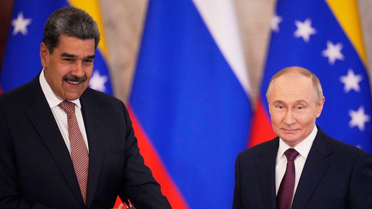 Venezuelan President Nicolas Maduro, left, with Vladimir Putin in Moscow ahead of the Victory Day parade. Pic: AP      Russian President Vladimir Putin, right, and Venezuelan President Nicolas Maduro react after a signing ceremony following their talks at the Kremlin in Moscow, Russia, Wednesday, May 7, 2025, ahead of celebrations of the 80th anniversary of the Soviet Union's victory over Nazi Germany during the World War II. (AP Photo/Alexander Zemlianichenko)