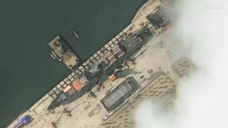 A satellite image shows the warship before its launch. Pic: Maxar/Reuters
