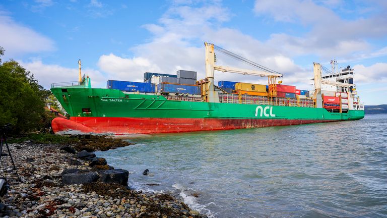 A container ship ran aground in the Trondheimsfjord.  Pic: AP