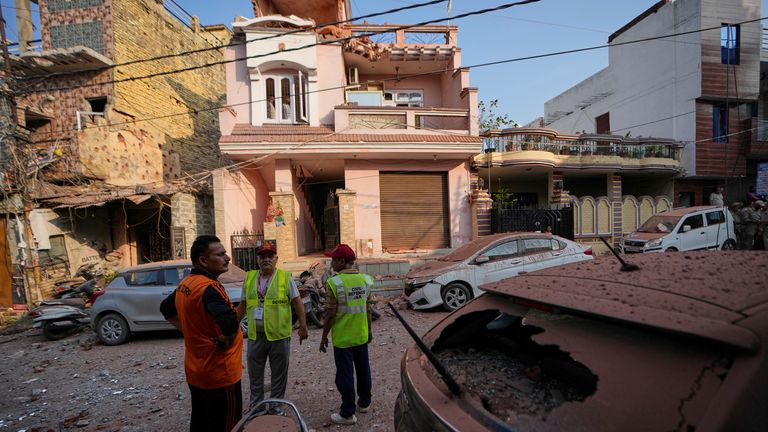 A residential building damaged by a Pakistan's drone attack in Jammu, India. Pic: AP/Channi Anand