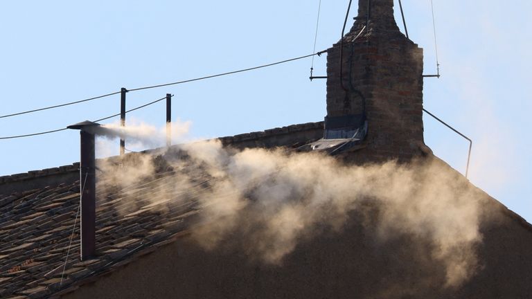White smoke rises from the chimney on the Sistine Chapel, indicating that a new pope has been elected at the Vatican, 8 May  2025. Pic: Reuters