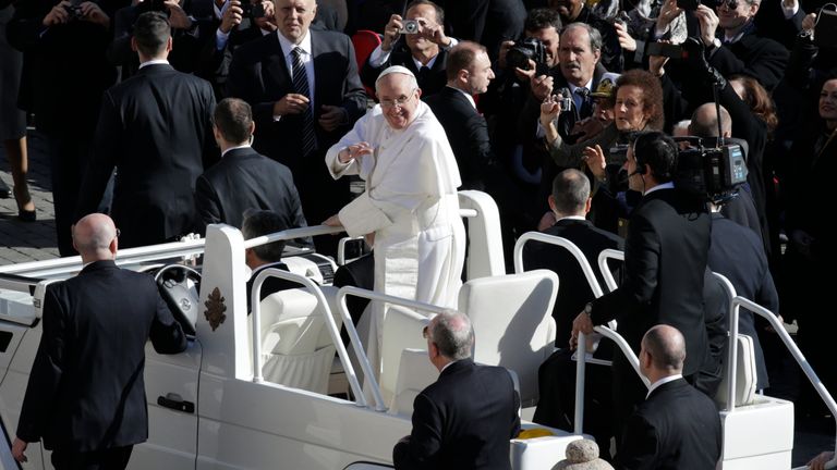 Francis in his converted Jeep during his inaugural mass in 2013. Pic: AP