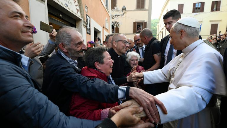 Pope Leo XIV is cheered by residents of Genazzano , near Rome on 10 May. Pic: Vatican Media/AP