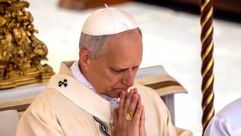 The pope wears the fisherman's ring amid the inauguration. Pic: AP