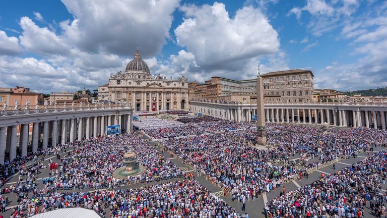 The faithful assemble for the inaugural mass in St Peter's Square, Vatican City on Sunday. Pic: AP