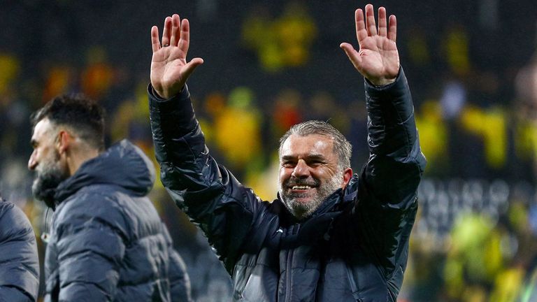 Tottenham coach Ange Postecoglou salutes fans after the Europa League semifinal soccer match between Bod../Glimt and Tottenham Hotspur at Aspmyra Stadium, Bodo, Norway, Thursday May 8, 2025. (Mats Torbergsen/NTB via AP)