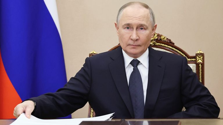 Russian President Vladimir Putin attends a meeting on forthcoming Russia-Ukraine talks in Istanbul, in Moscow, Russia, Wednesday, May 14, 2025. (Alexander Kazakov, Sputnik, Kremlin Pool Photo via AP)