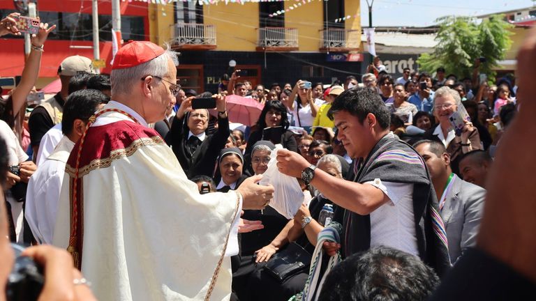 In this photo released by the Diocese of Chulucanas, Bishop Robert Prevost leads the celebration anniversary of the Diocese in Chulucanas, Peru, Aug. 12, 2024. (Diocese of Chulucanas via AP)
