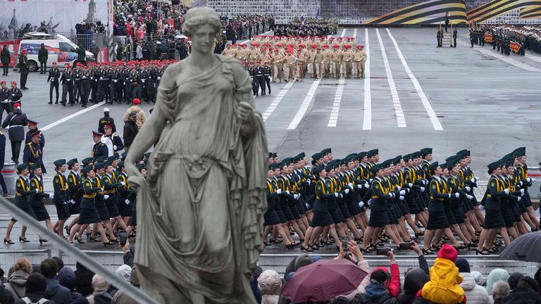 Russian army soldiers marching during a dress rehearsal for Victory Day parade in St. Petersburg on 7 May. Pic: AP/Dmitri Lovetsky
