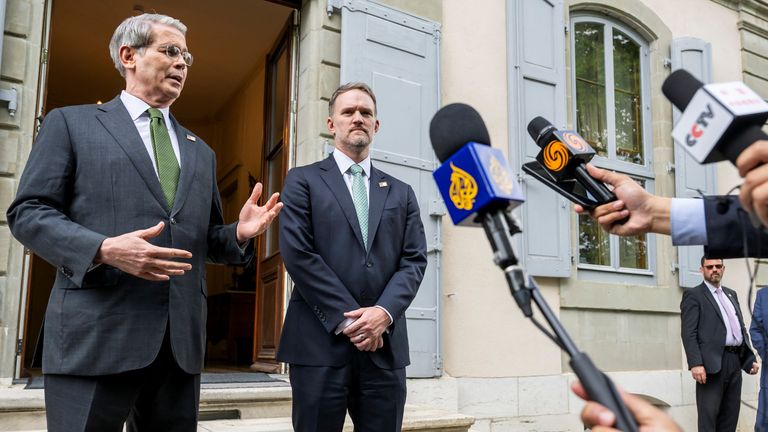 Scott Bessent and Jamieson Greer speak to the media after trade talks with Chian in Geneva, Switzerland.  Pic: Reuters
