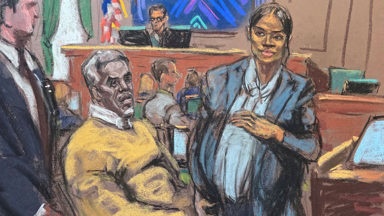 Sean "Diddy" Combs watches as Casandra "Cassie" Ventura leaves for a break in her testimony during Combs' sex trafficking trial in New York City, New York, U.S., May 15, 2025 in this courtroom sketch. REUTERS/Jane Rosenberg TPX IMAGES OF THE DAY