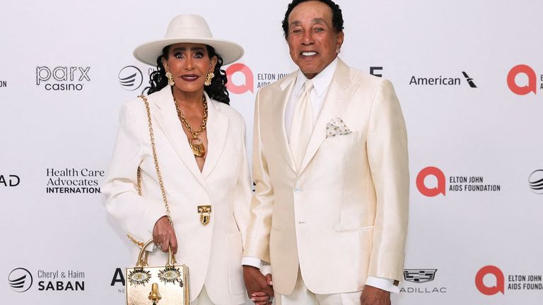 Smokey Robinson and his wife Frances arrive at the Elton John AIDS Foundation Academy Awards Viewing Party, to celebrate the 96th Oscars Academy Awards in Los Angeles, California, U.S., March 10, 2024. REUTERS/Alisha Jucevic
