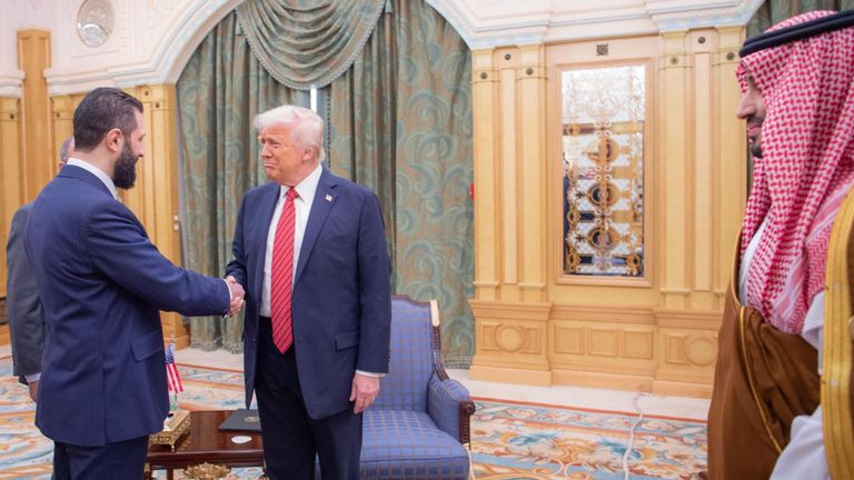 Trump, Bin Salman and Syria's president Ahmad al Sharaa. .Pic Saudi Press Agency,