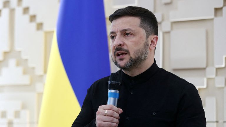 Ukrainian President Volodymyr Zelenskyy talks during a press conference at the Ukrainian embassy in Ankara, Turkey.  Pic: Retuers