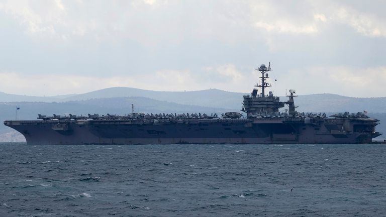 FILE - Aircraft carrier USS Harry S. Truman is moored near Split, Croatia, Feb. 14, 2022. (AP Photo/Darko Bandic, File)