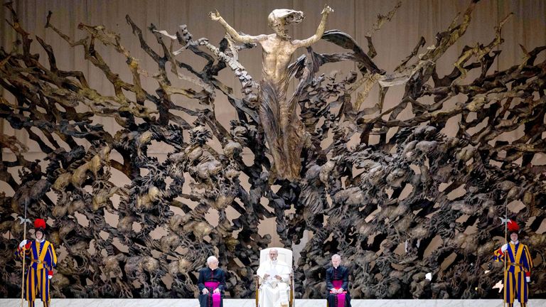 Pope Leo XIV holds an audience with representatives of the media in Paul VI hall at the Vatican.  Pic: Reuters