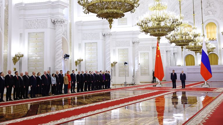Members of the delegations, led by Russian President Vladimir Putin and Chinese President Xi Jinping, attend a welcoming ceremony before their talks at the Kremlin in Moscow, Russia, May 8, 2025. REUTERS/Evgenia Novozhenina/Pool