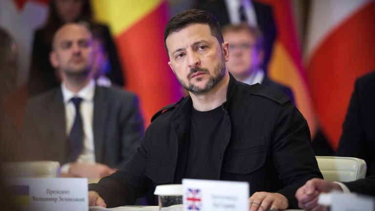 President Volodymyr Zelenskyy welcomes other world leaders to Kyiv.   Pic: Presidential Office of Ukraine/dpa/AP Images