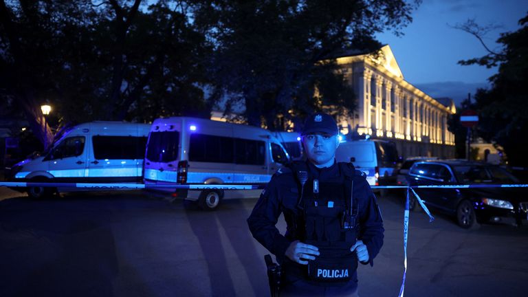 Polish police secure an area at the Warsaw University campus after an attack with an axe, in Warsaw, Poland.  Pic: Reuters