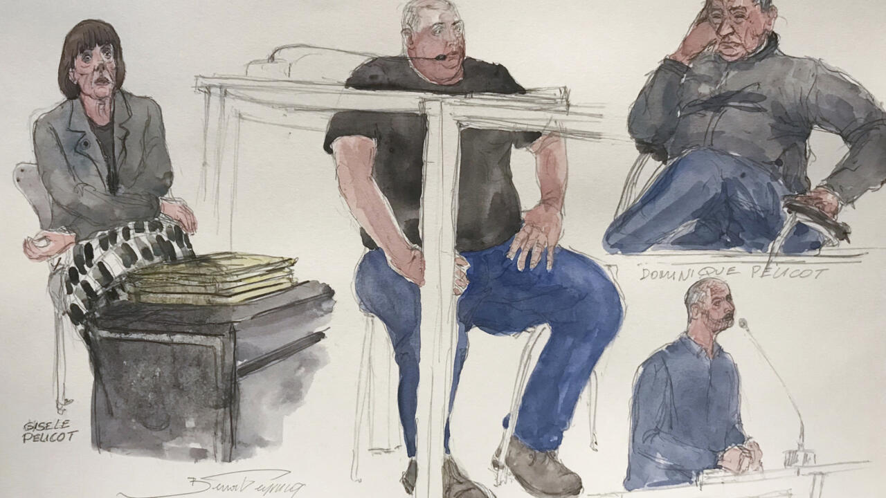 A court sketch made on October 8, 2024, at Avignon courthouse shows Gisele Pelicot (L), her ex-partner Dominique Pelicot (Top R), and defendants Jerome B (centre) and Cyril F (bottom R) at the trial.
